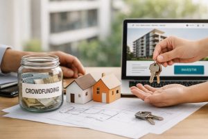 Mãos trocando chaves de um imóvel sobre uma mesa com plantas arquitetônicas, duas maquetes de casas e um pote de vidro com dinheiro rotulado como crowdfunding, simbolizando investimento imobiliário coletivo e opções de financiamento para compra de imóveis residenciais.