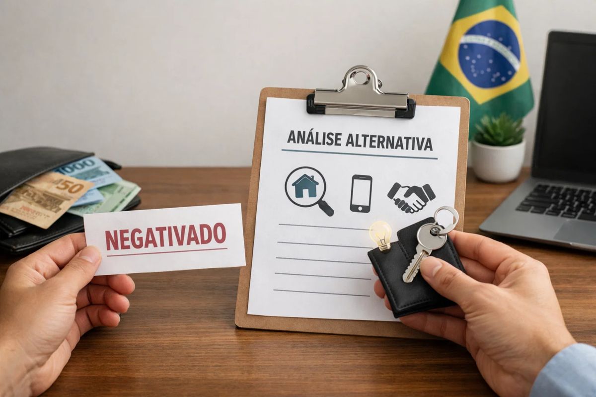 Imagem ilustrando alternativas de empréstimo para negativado, mostrando uma pessoa segurando um cartão com a palavra “negativado” ao lado de uma prancheta com análise alternativa de crédito, chaves de imóvel, carteira com dinheiro, notebook e bandeira do Brasil ao fundo, representando opções de empréstimo para negativado mesmo com restrições no nome.